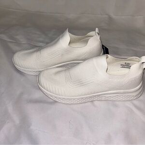 White Slip-On Sneakers with Textured Fabric and Thick Sole
